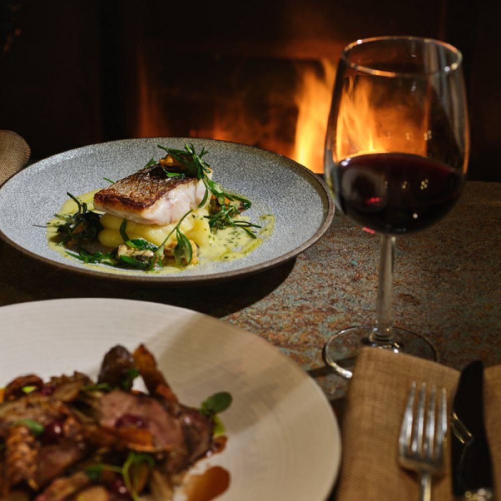 two plates of food in front of a fire with a single glass of red wine