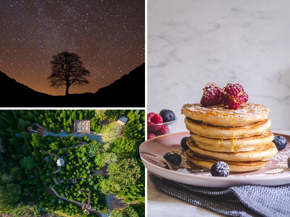 collage of night sky image, play and pancake stack