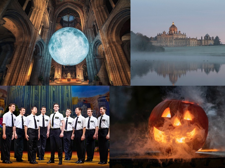 moon, castle in the fog, people on a stage