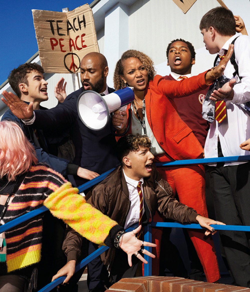 Waterloo Road cast during a protest scene
