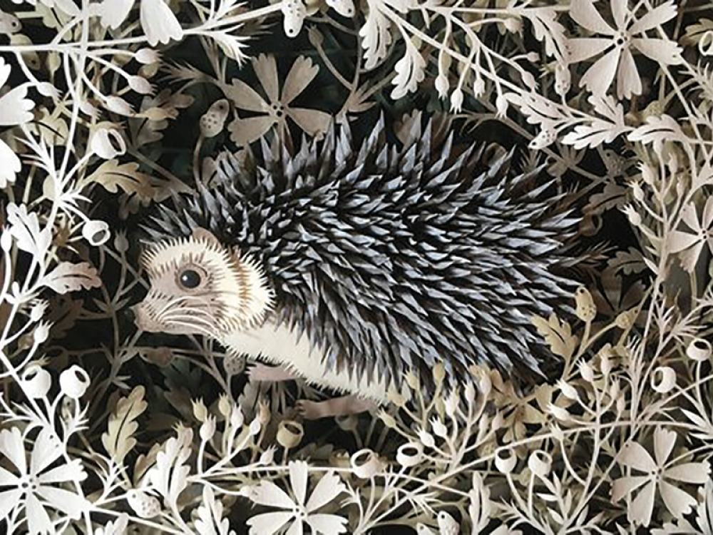 hedgehog and flowers made from paper