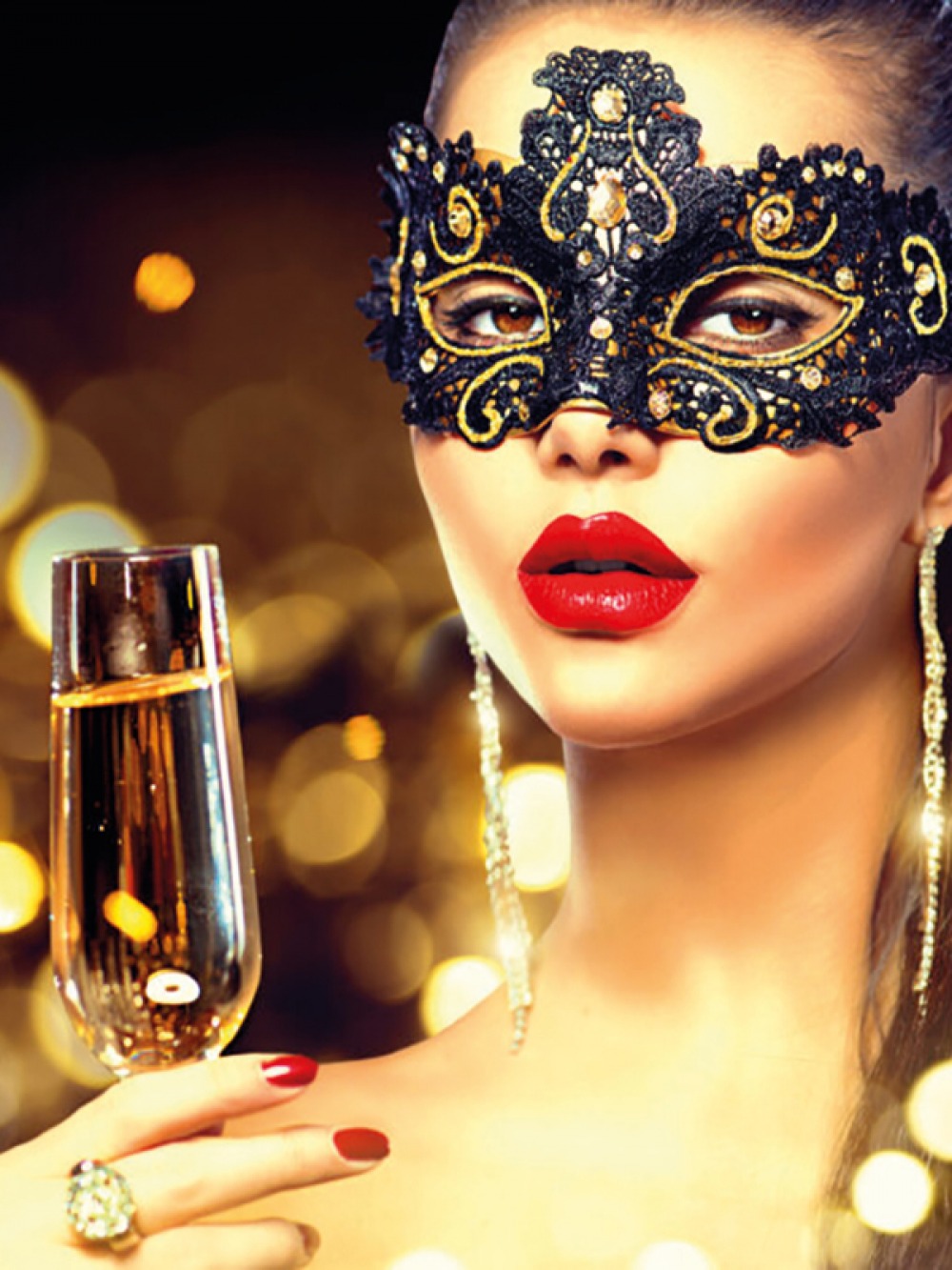 Woman with a glass of Champagne wearing a mask