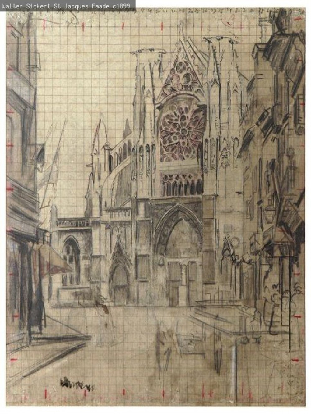 Pencil drawing of a Cathedral facade and street