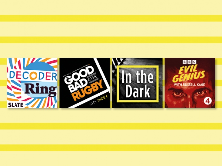 Four featured podcast artwork over yellow striped background