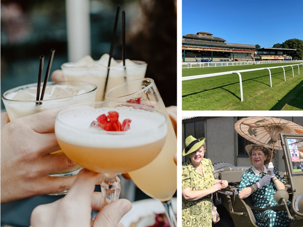cocktails, racecourse and 2 lady dressed 1940s