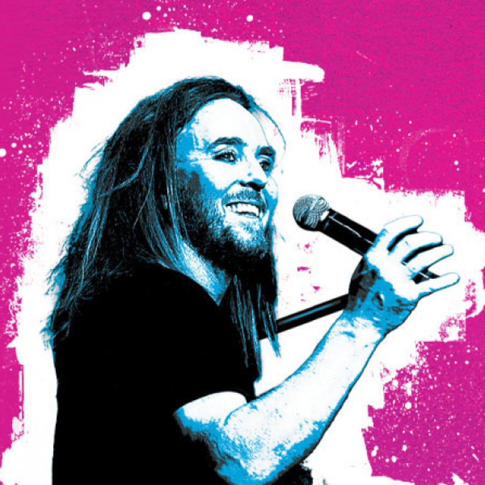 Black, grey and pink graphic of Tim Minchin