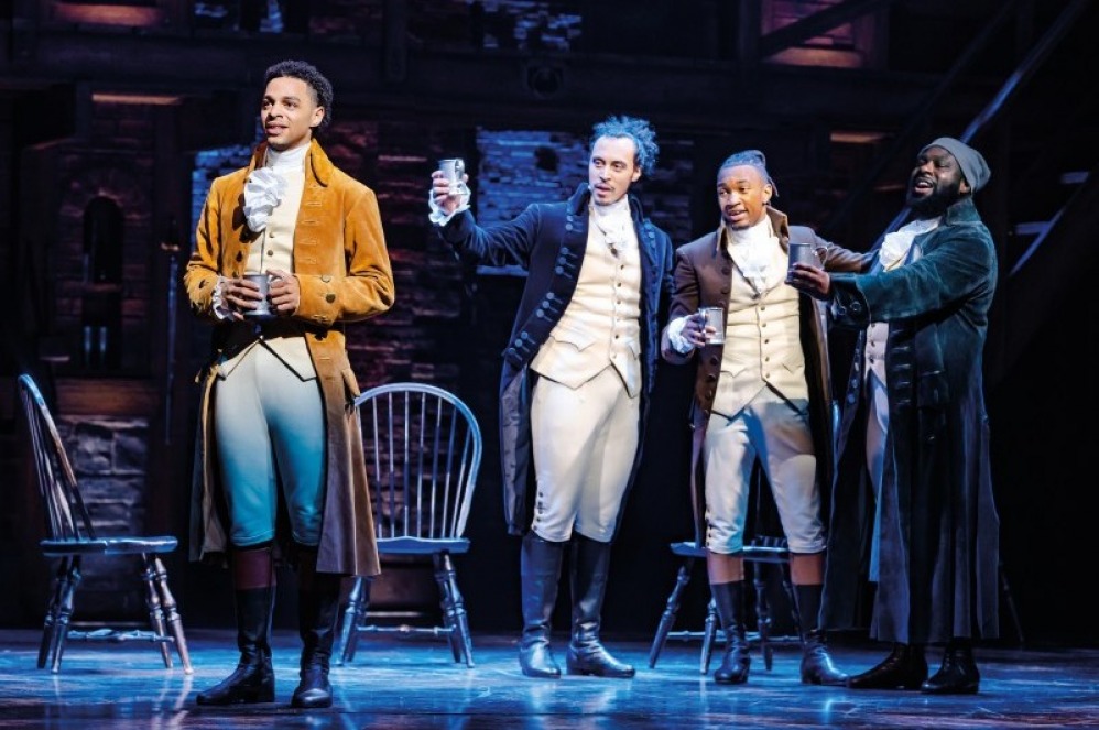 HAMILTON TOUR. Marley Fenton (Alexander Hamilton), Ashley J. Daniels (Marquis de Lafayette), Shak Mancel James (John Laurens), KM Drew Boateng (Hercules Mulligan). Photo by Danny Kaan
