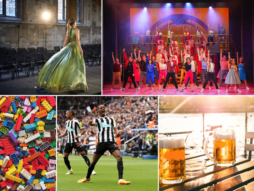 collage of images: Model walking a catwalk, stage show, lego, footballer celebrating, a workshop demo, pint of beer in the sun