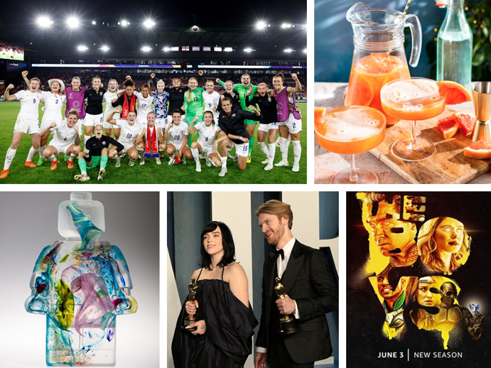 collage of images, lego, england women's football, cocktail, billie Eilish, The boys graphic