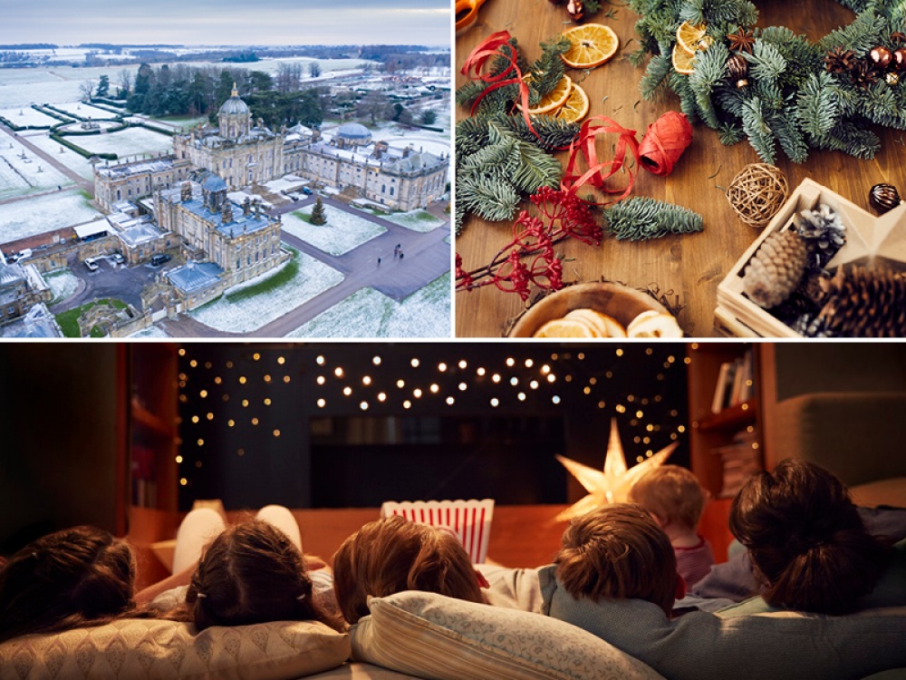 castle in the snow, christmas pinecones, family watching a film