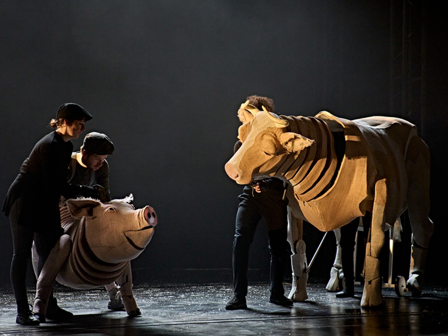 Clover (puppeteers Yana Penrose and Edie Edmundson) and Squeela (puppeteers Ailsa Dalling and Matt Churcher) in Animal Farm