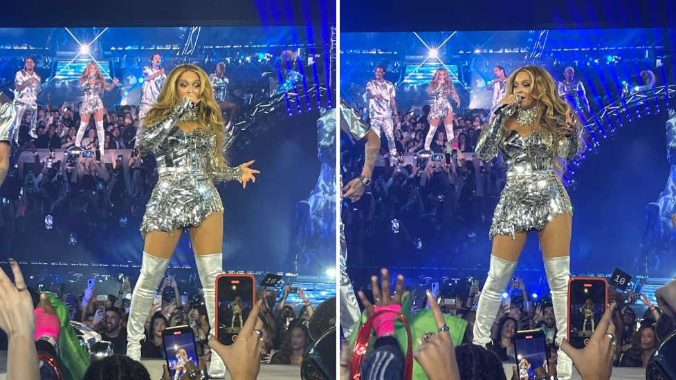 Beyoncé performing live at Cardiff's Principality Stadium wearing a silver disco ball-style silver dress and silver knee high boots