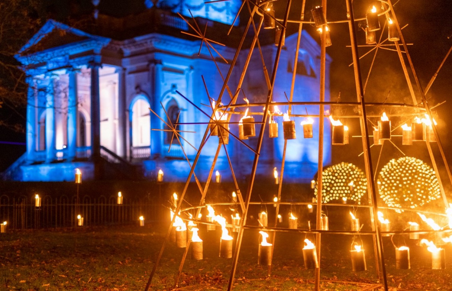 Chapel and Fire Garden Christmas at Gibside Light Trail 2021 Sony Music. Credit: Andrew Ogilvy Photography