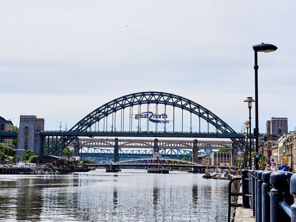 Tyne Bridge with the Great North Run logo, Newcastle Quayside