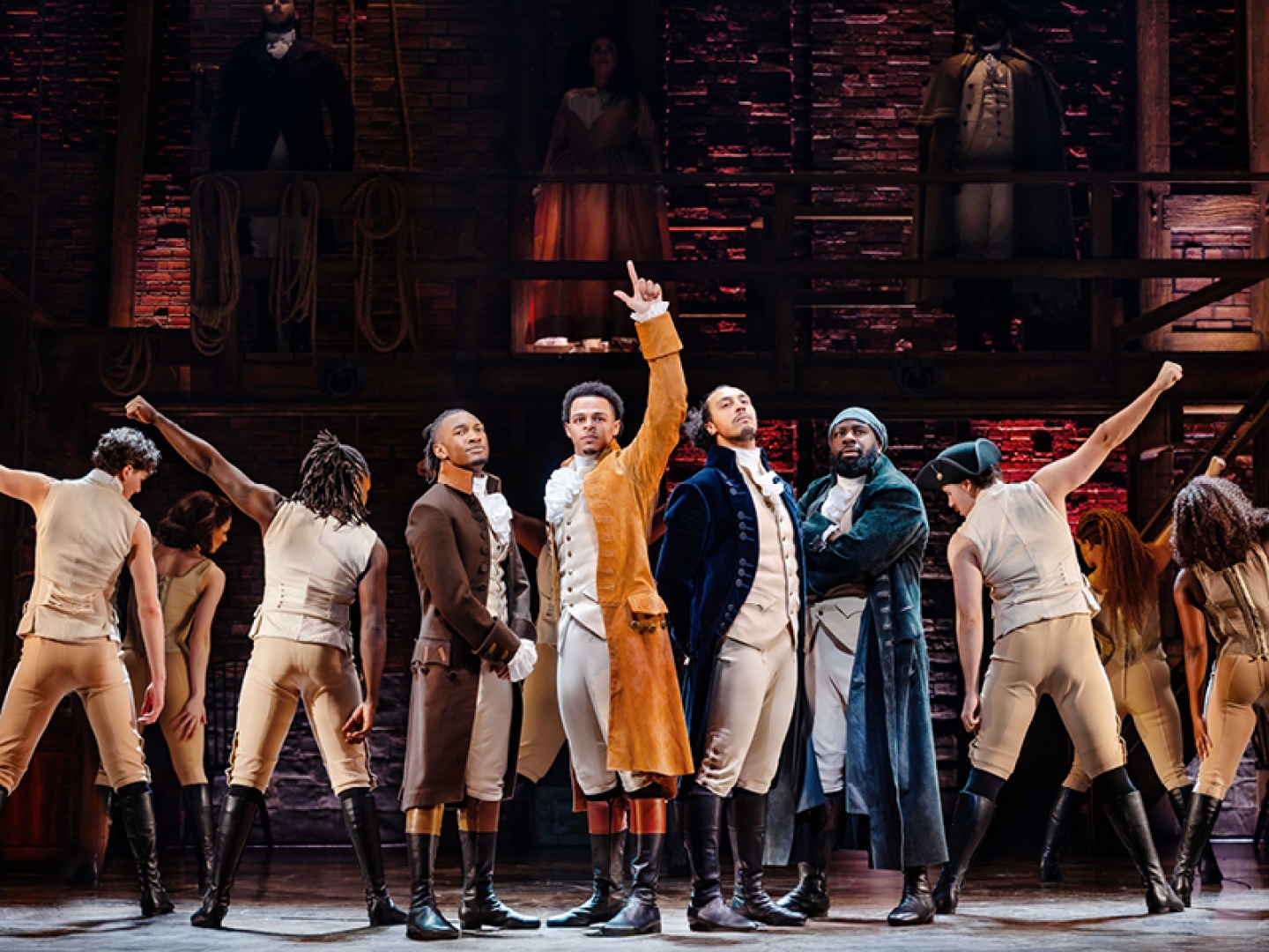 HAMILTON TOUR. Shak Mancel James (John Laurens), Marley Fenton (Alexander Hamilton), Ashley J. Daniels (Marquis de Lafayette), KM Drew Boateng (Hercules Mulligan) and Company. Photo by Danny Kaan
