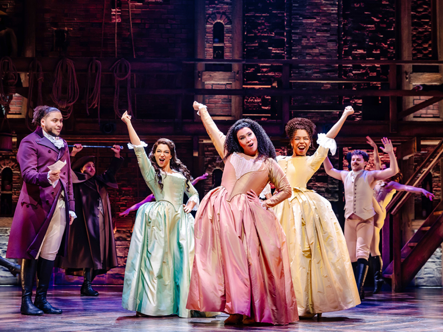HAMILTON TOUR. Billy Nevers (Aaron Burr) Roshani Abbey, Chasity Crisp and Naomi Katiyo (Schuyler Sisters). Photo by Danny Kaan