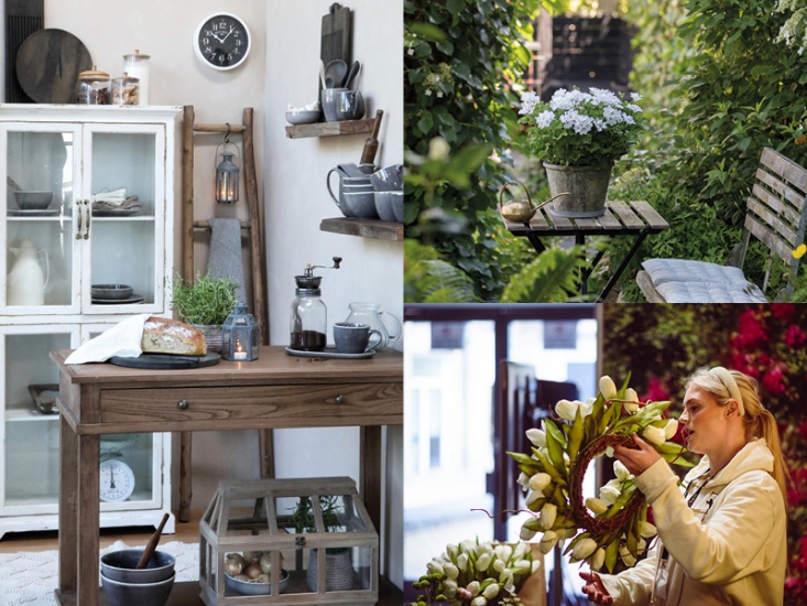 3 images: Left Rustic style kitchen, plant pot in the garden, lady demonstrating making a wreath