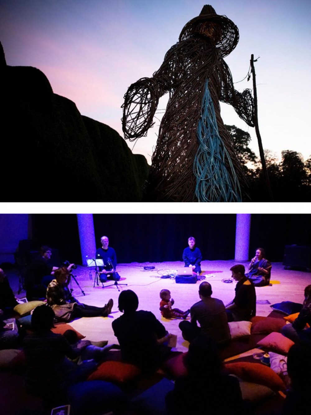wicker witch statue and people sitting around on cushions
