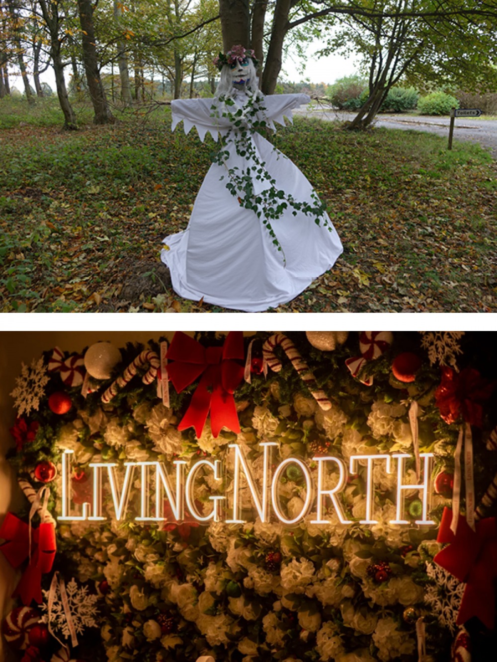 spooky halloween scarecrow and Living North Christmas Fair sign