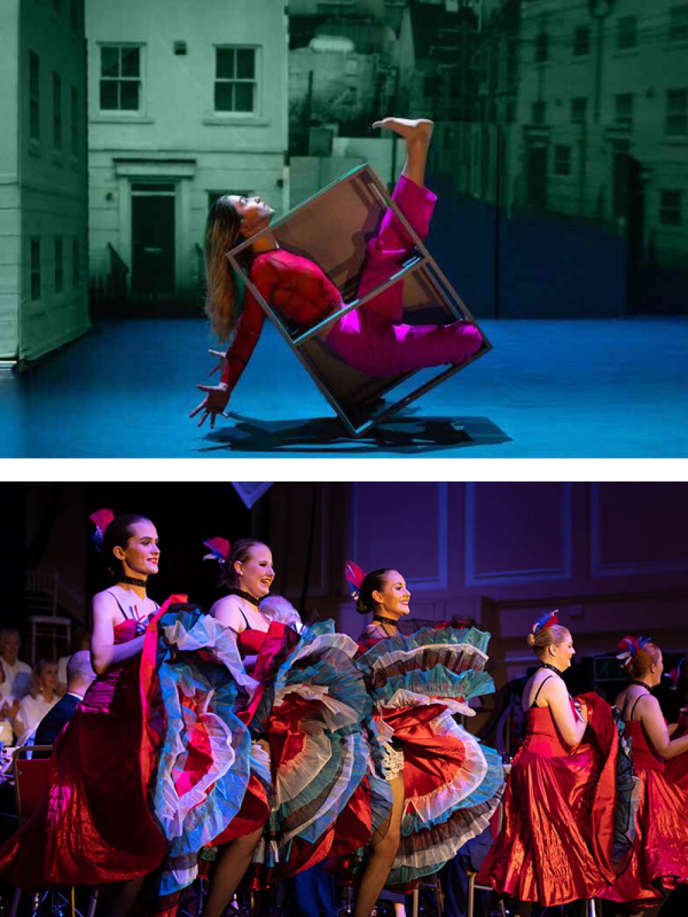 woman posing in a frame of a box and dancers doing the cancan