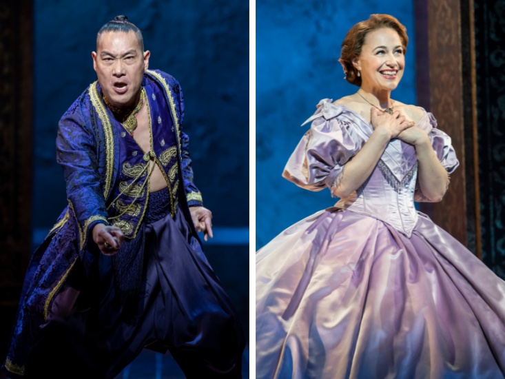 The King dress in blue and the character of Anna in a traditional large 19th century purple dress