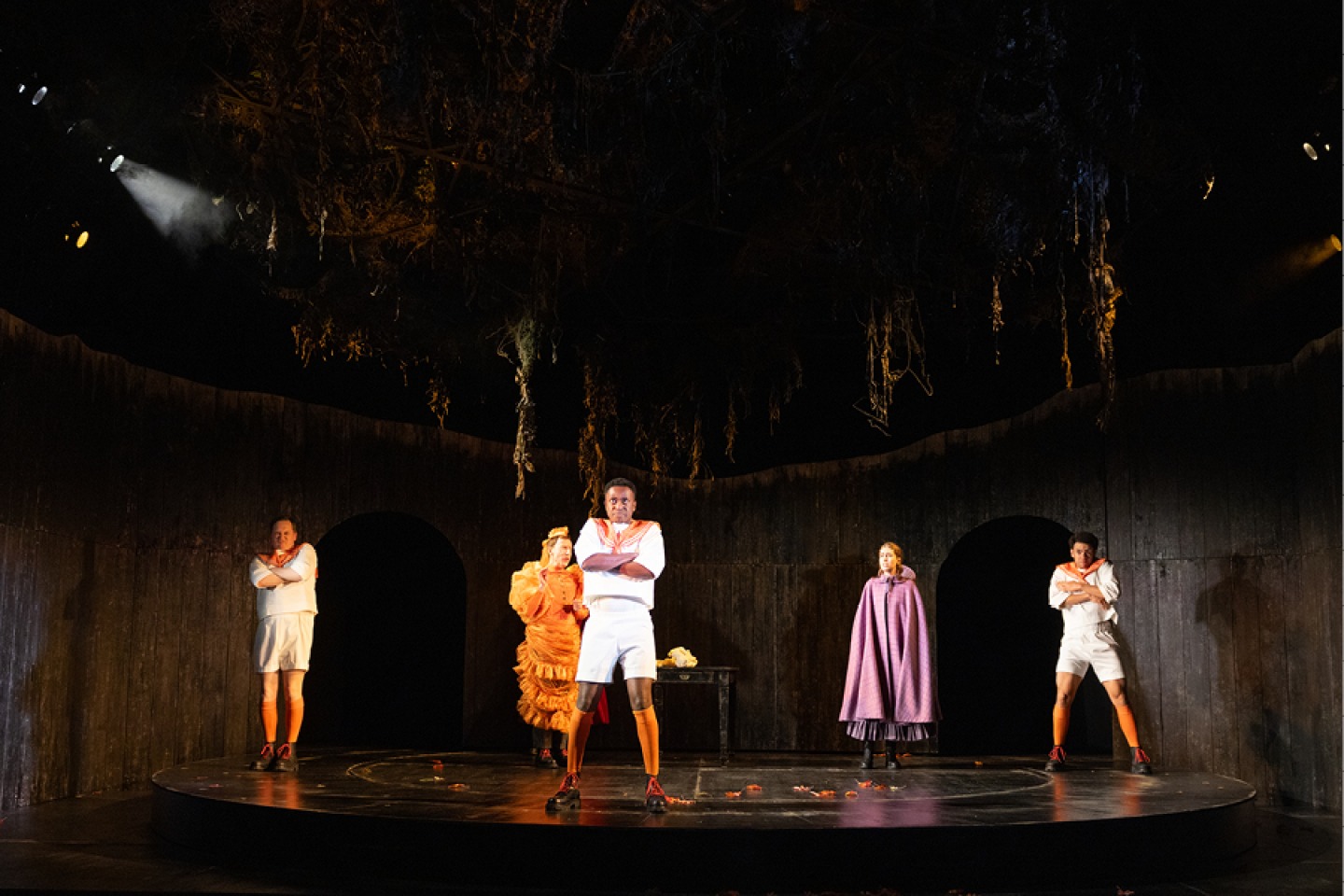 Adam Donaldson (Cunliffe), Nick Blakeley (Mrs Ingham), Kwaku Mills (Cunliffe), Rhiannon Clements (Anne Brontë) and Julian Moore-Cook (Cunliffe) in Underdog The Other Other Brontë at the National Theatre (c) Isha Shah