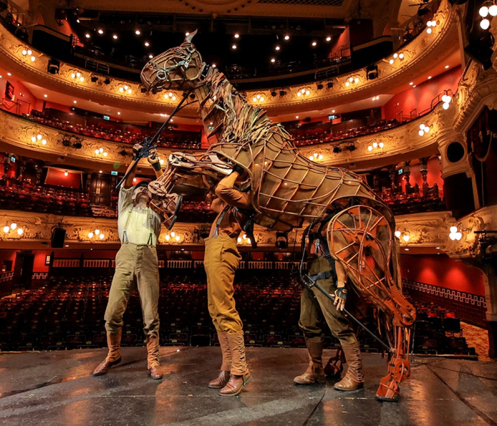 War Horse's 'Joey' (Michael Jean-Marain, Michael Larcombe & Tea Poldervaart) on stage at the Theatre Royal Newcastle. (c) Will Walker
