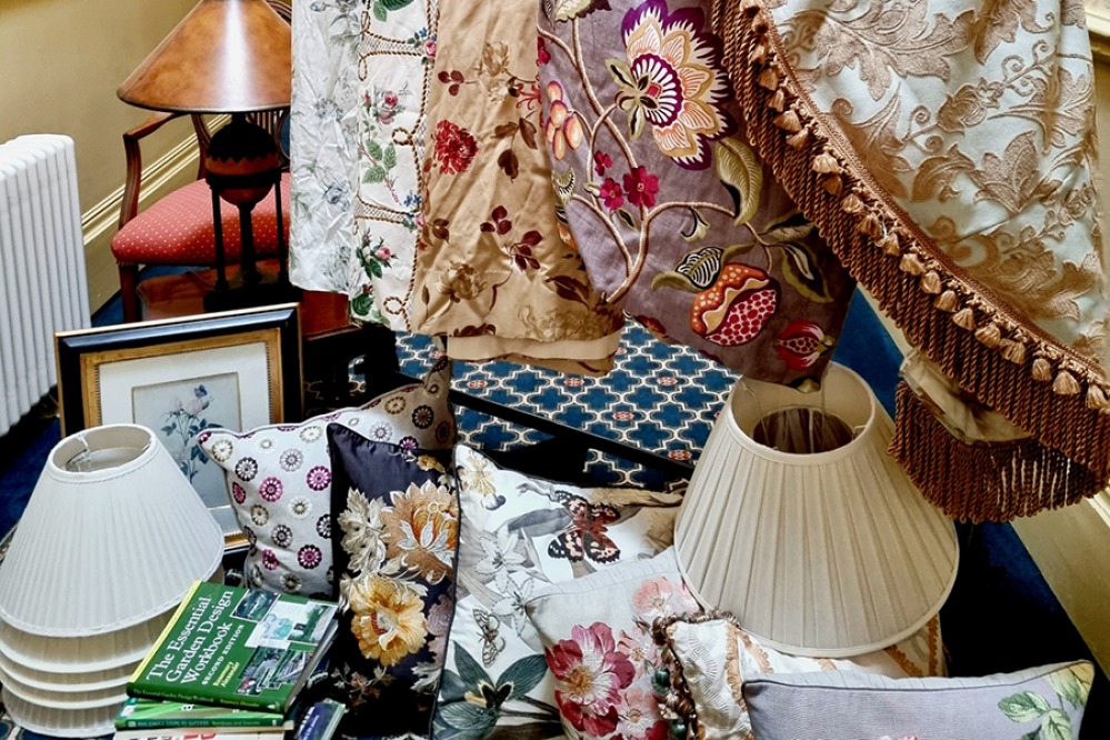 Collection of Lampshades, fabrics, cushions, chairs