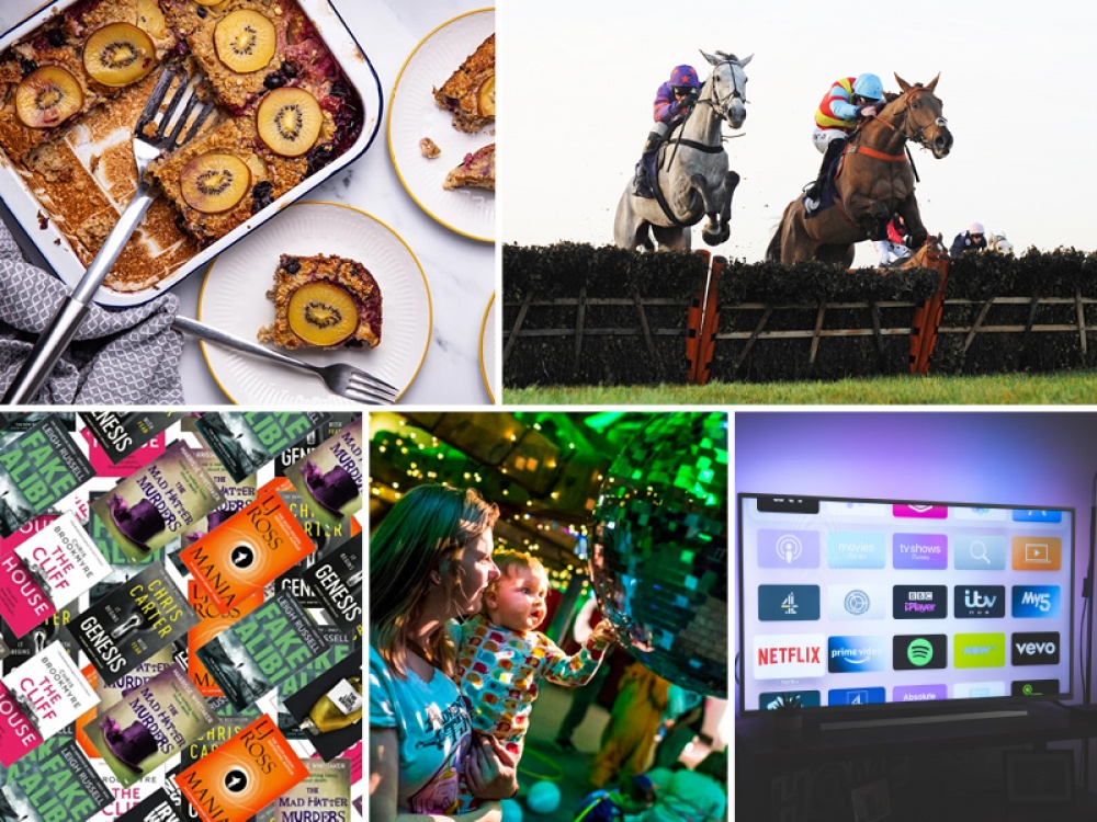 collage of images- flapjack, horse jumping, book covers, baby looking at a disco ball, tv screen