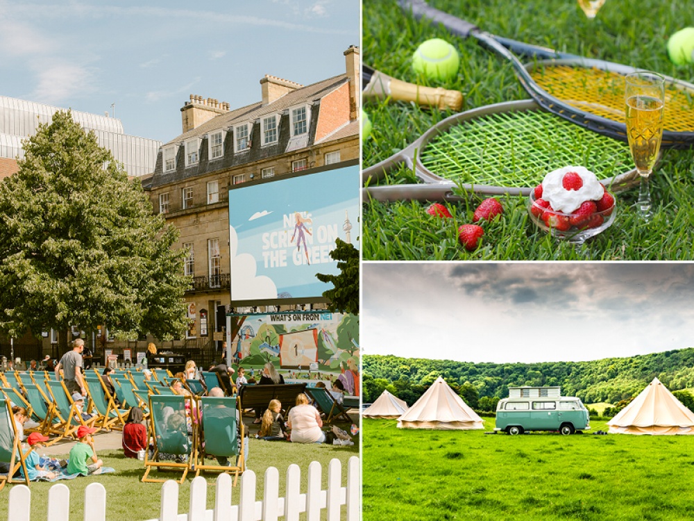 collection of images, outdoor cinema, strawberries and cream, camper van and tents