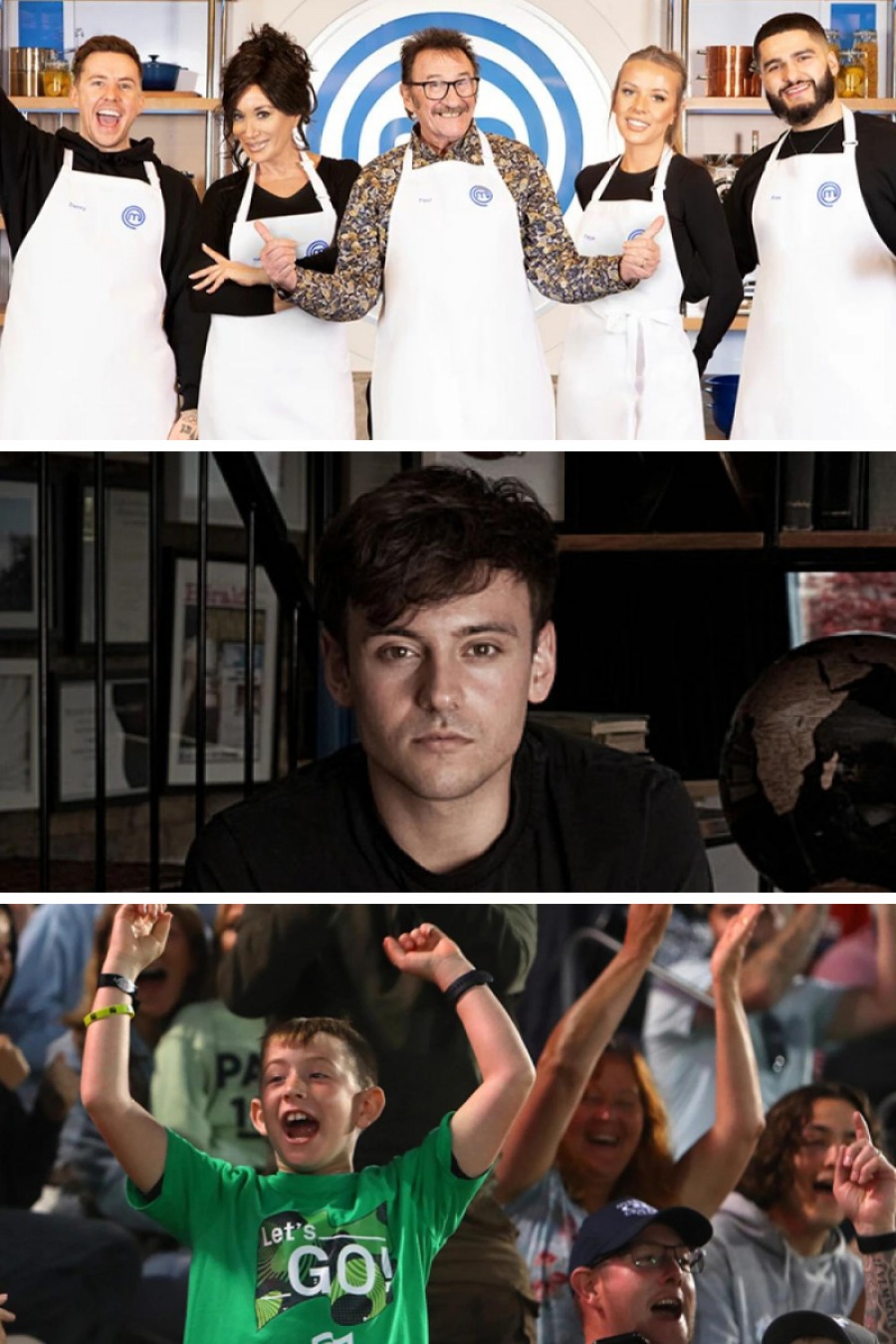 Masterchef celebrities in their white aprons, Tom Daley looking sombre wearing a black t-shirt, a crowd with their arms in the air enjoying the cricket