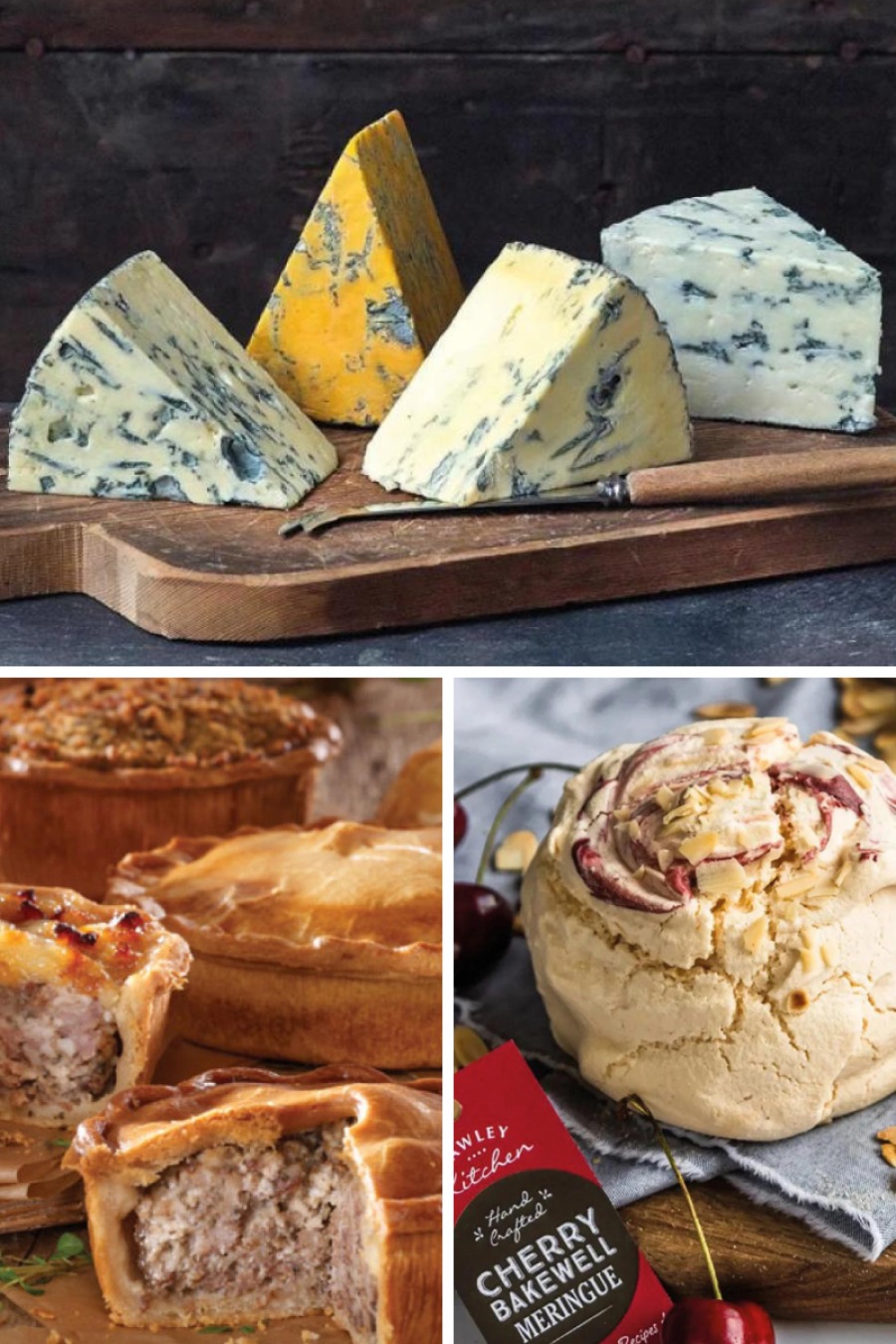 Cheese on a wooden board, pork pies and a circular cherry meringue