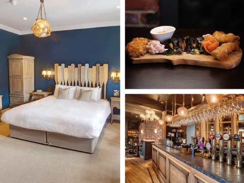 hotel bedroom, fish board and bar