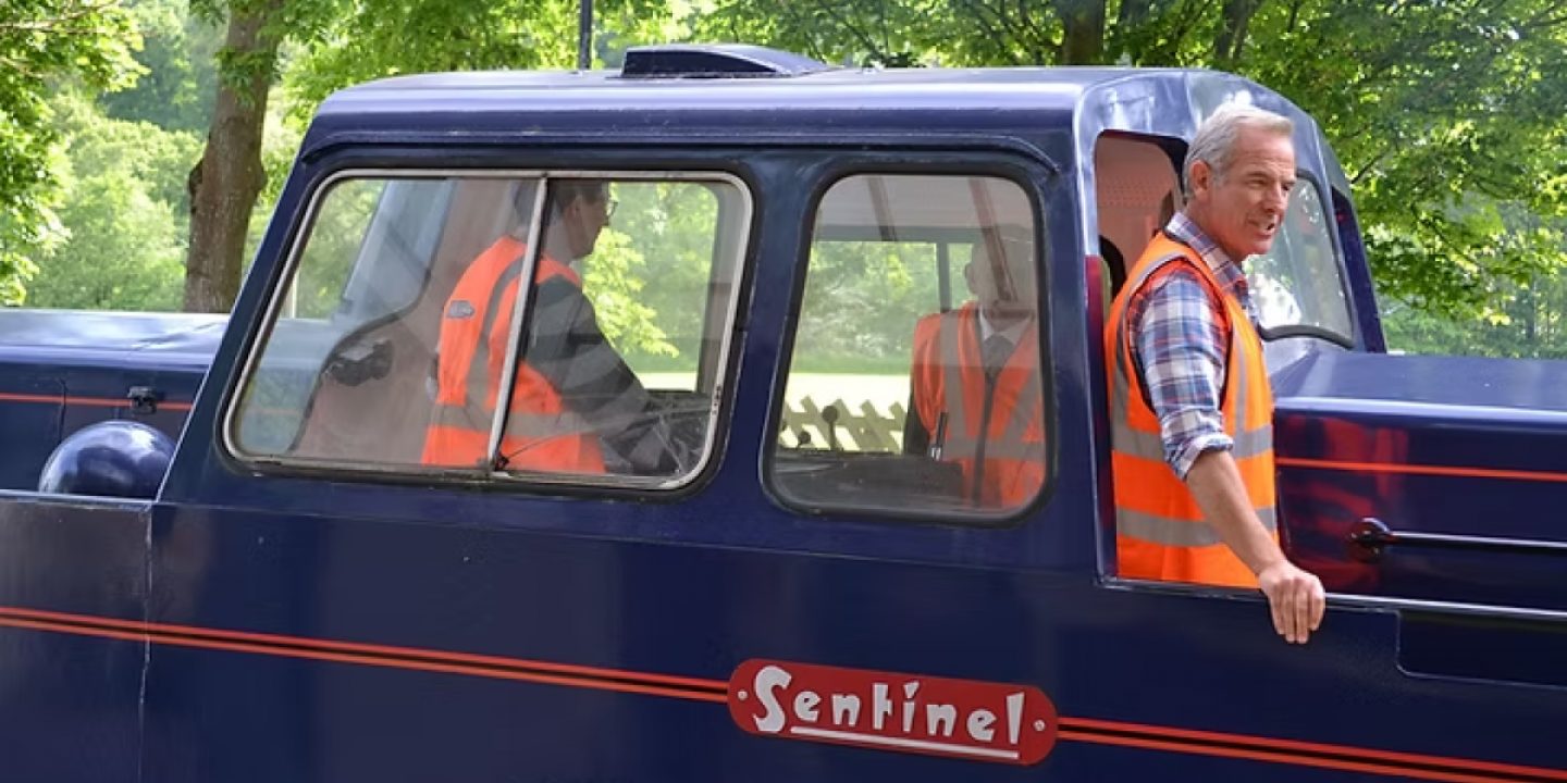Robson Green and Lee Ingleby onboard the Sentinel Shunter with driver Kevin Richardson during the filming for 'Weekend Escapes.